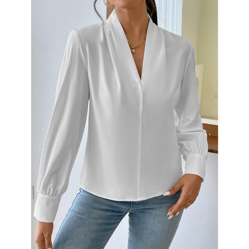 Long sleeve draped v neck Solid Bishop Sleeve Blouse brown - Picture 7 of 8
